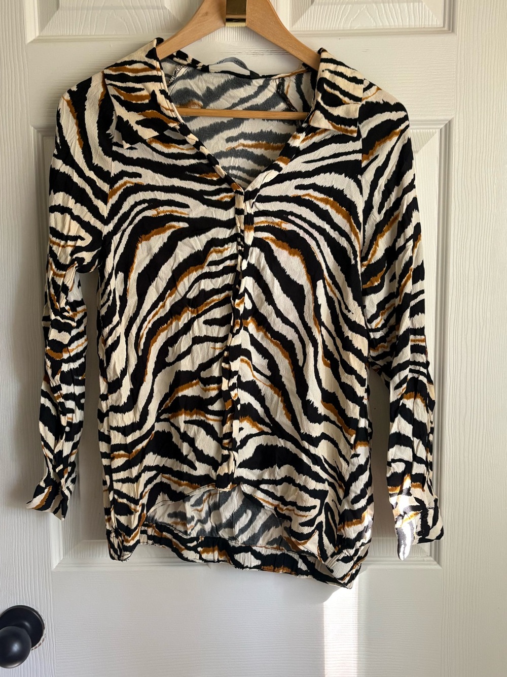 Zara Animal Print Button-Down Top in Black, White & Brown